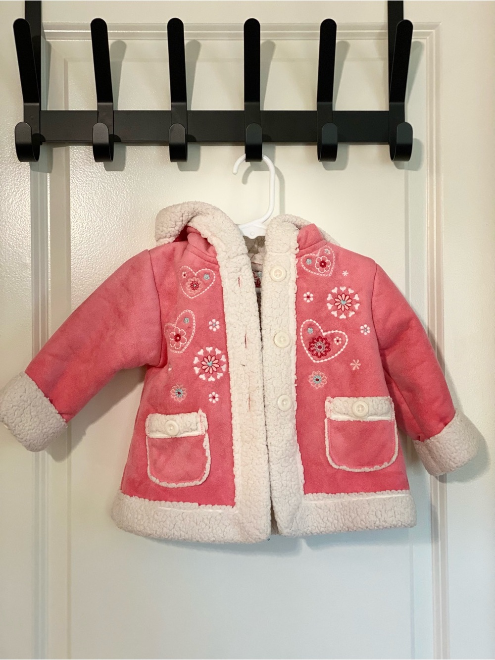 OshKosh B'gosh Pink Hooded Sherpa-Trim Coat with Heart & Flower Embroidery